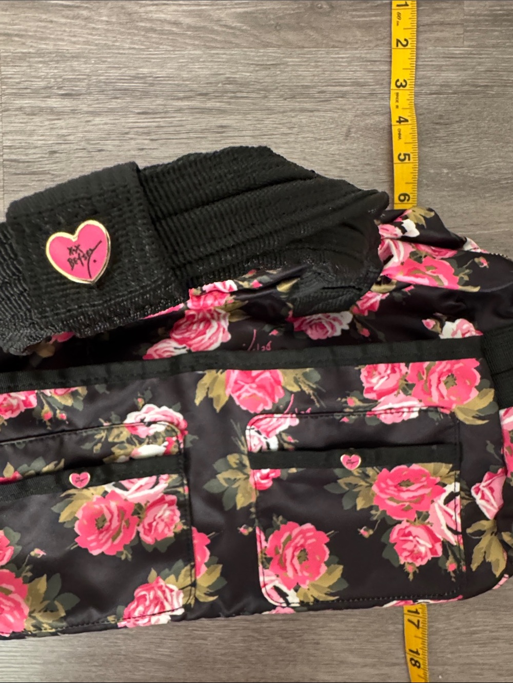 Betsey Johnson Black Tote with Pink Rose Print - Picture 6 of 8